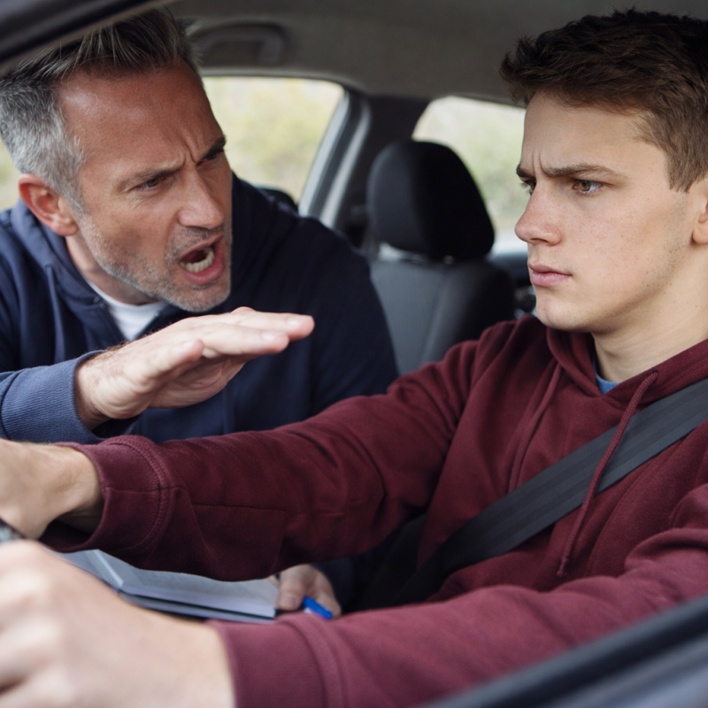 Moniteur auto-école adoptant une posture non pédagogique face à un élève en difficulté lors d’une leçon de conduite