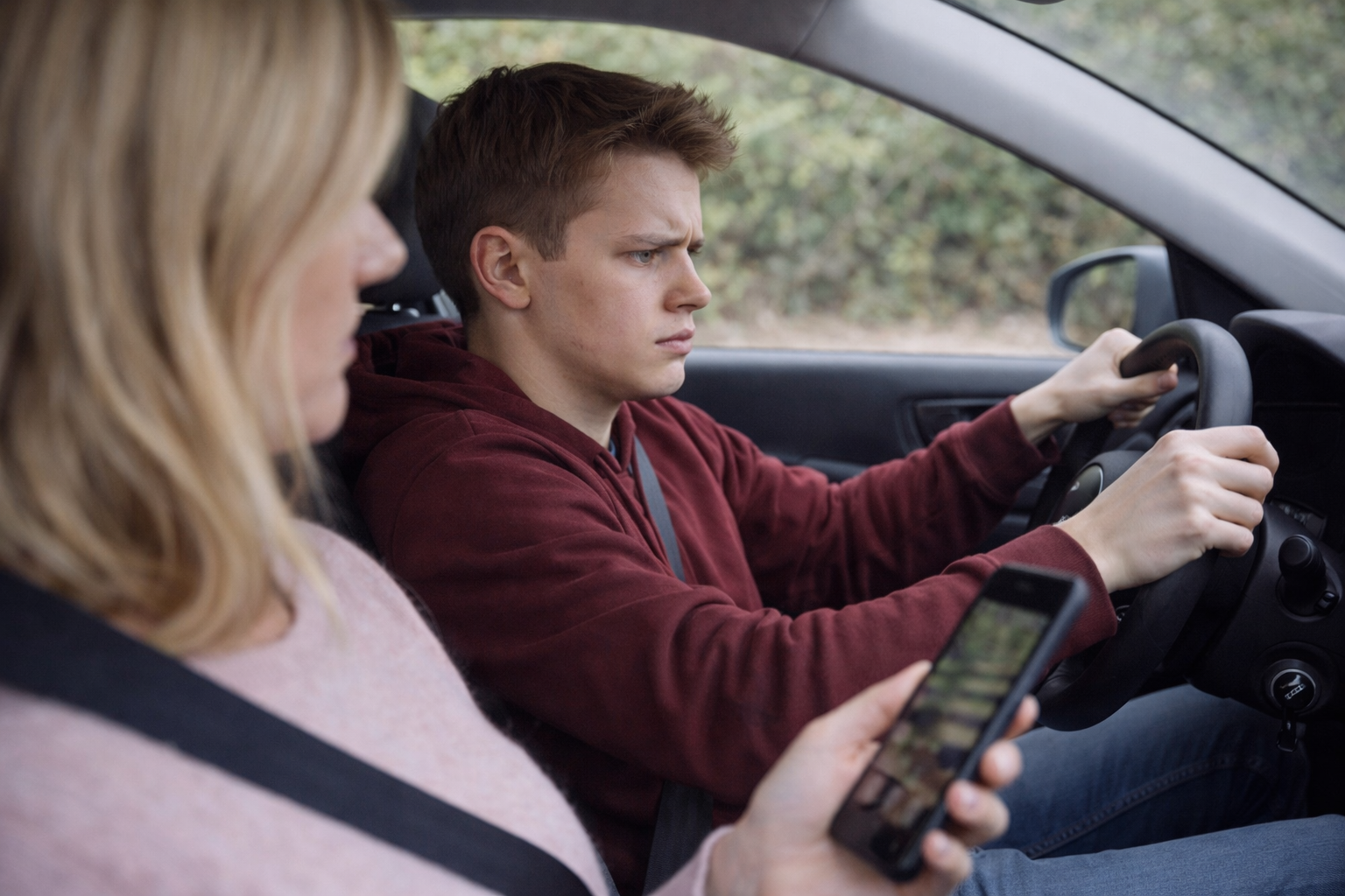 Élève conducteur concentré pendant une leçon de conduite tandis que l’enseignante détourne son attention vers son téléphone